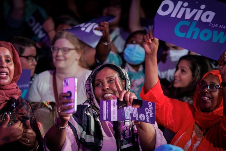 Supporters of mayor elect Olivia Chow celebrate at an election night event held at The Great Hall, in Toronto, on June 26, 2023.