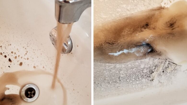 In two side-by-side images, brown water with black specks are seen coming out of a silver tap into a white bathtub, and coating the bottom of the tub