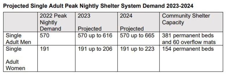 A chart shows the projected demand for homeless shelters in 2023 and 2024.