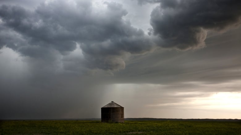 Gray clouds sit in a dark sky above a grain bin in a farm field.