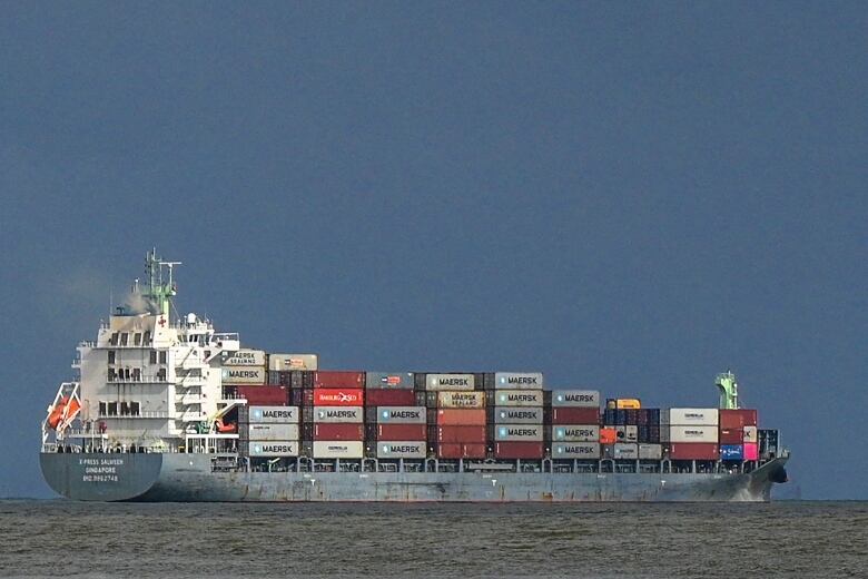 A cargo ship out on the ocean.