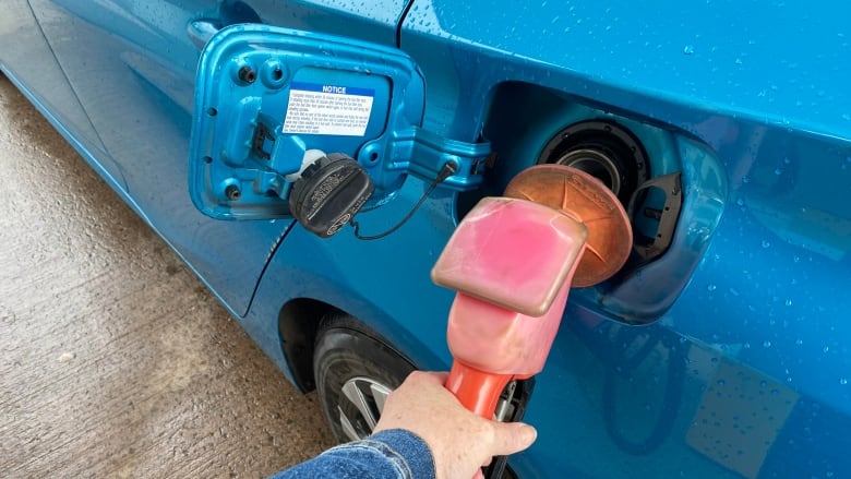 Hand holds gas pump nozzle to tank of blue car. 