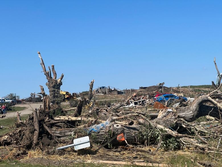 A pile of mess with signs, trees and other items sit in a pile. 