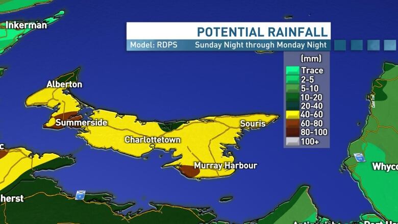 A graphic showing potential rainfall amounts in P.E.I.