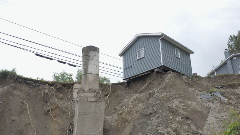 A small blue shed teetering on the edge of a dirt cliff.