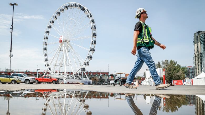 A man walks in front of a ferris wheel.