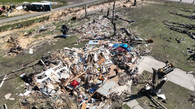 An image of the EF4-rated damage at the farm on the west side of Highway 2A between Didsbury and Carstairs, Alta. on July 1, 2023. A woman took shelter in the home's basement and survived. 