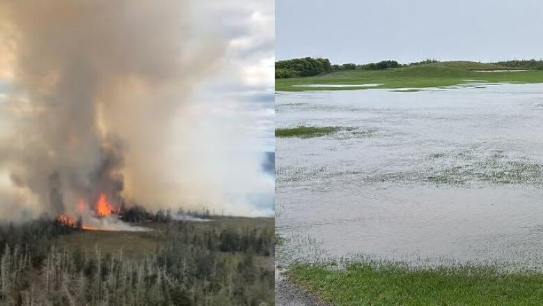 In this collage, the photo on the left shows a large wildfire burning through a wooded area, with smoke billowing into the sky. The photo on the right shows a flooded golf green.