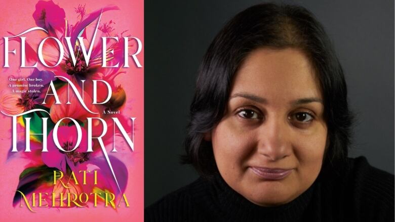 On the left a book cover is pink with large pink, purple and yellow flowers on the front. On the right a woman smiles at the camera. 