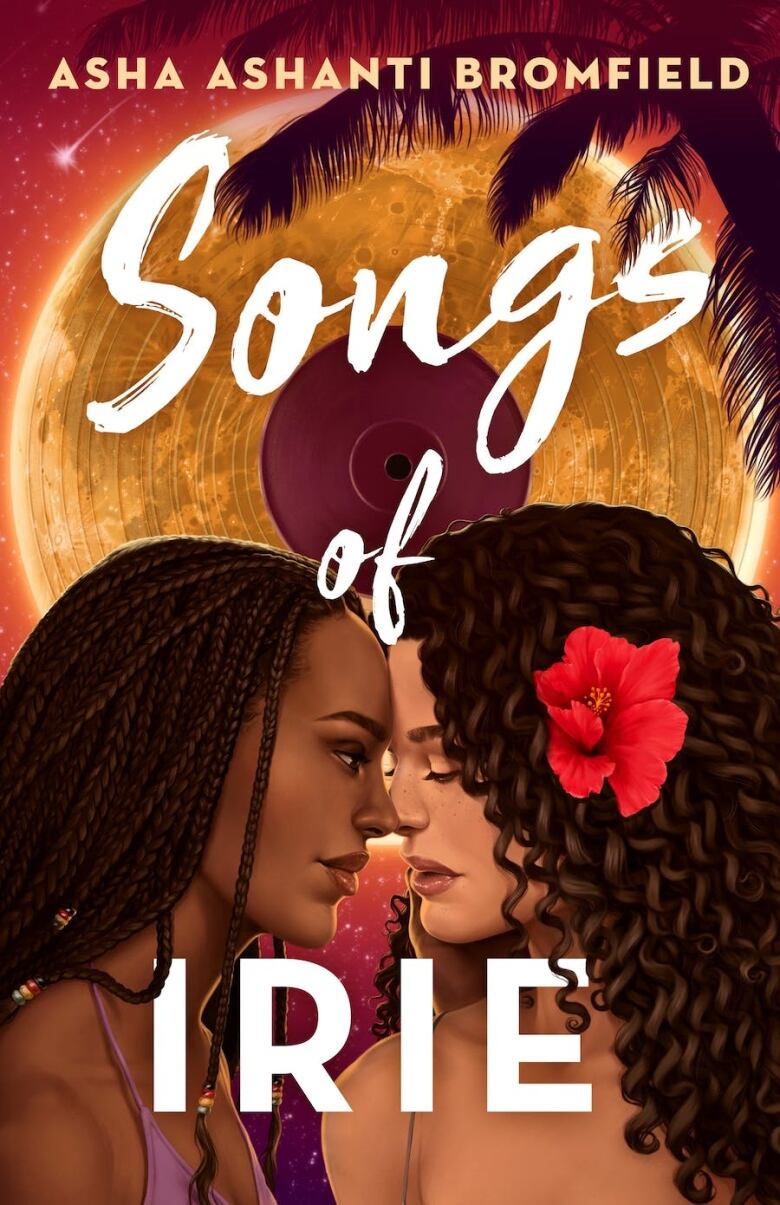 A book cover shows two women, one with a red flower in the hair, as they face one another and their noses are touching. 