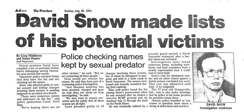 A press clipping titled 'David Snow made lists of his potential victims', with a photo of a white man with glasses.