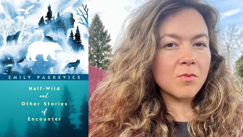 A composite image featuring an illustrated book cover with various animals and a woman silhouetted in the forest and a portrait of a woman with light brown hair looks into the camera.