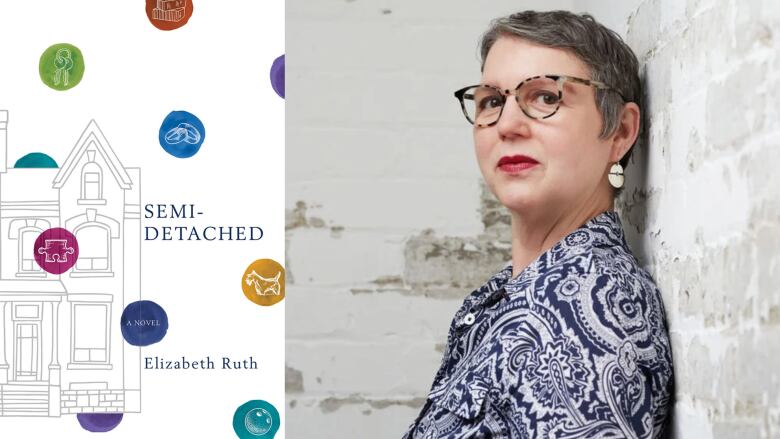 Semi-Detached by Elizabeth Ruth. A white book cover with various multicoloured spots. A portrait of a woman with short salt and pepper hair and glasses looking over her shoulder.