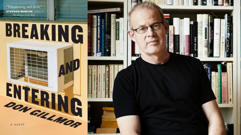 A composite image featuring a yellow and blue book cover with an air conditioning unit in a window and a portrait of a white man with glasses and a black t-shirt looking into the camera.