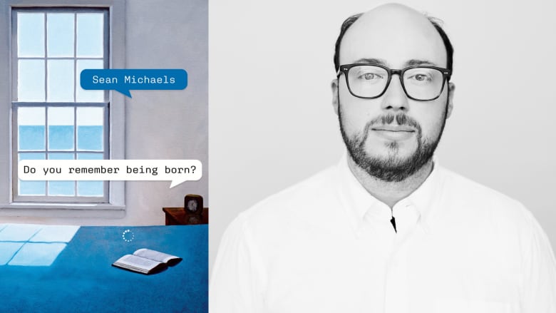 Do You Remember Being Born? An illustrated book cover with a book on a bed and an open window in the background. A portrait of a bald white man with glasses and a white shirt looking into the camera.