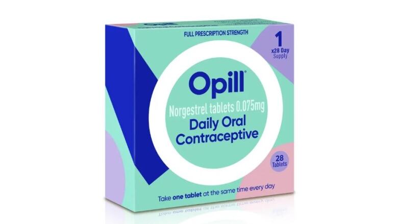 A turquoise box that says Opill on it. 