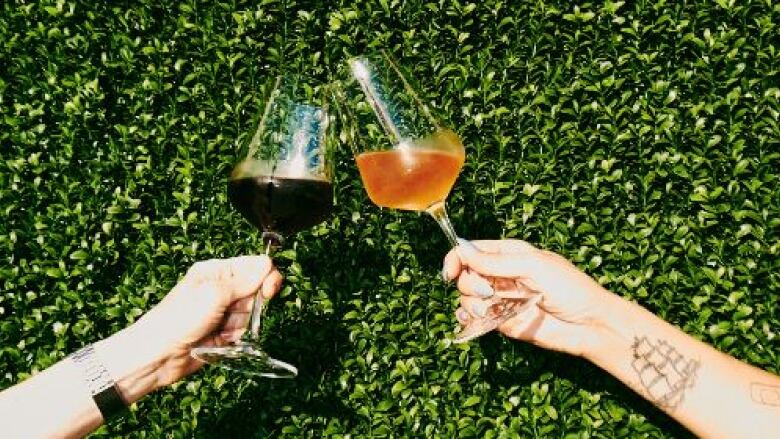 Two hands are cheersing two glasses of wine in front of a green hedge. 