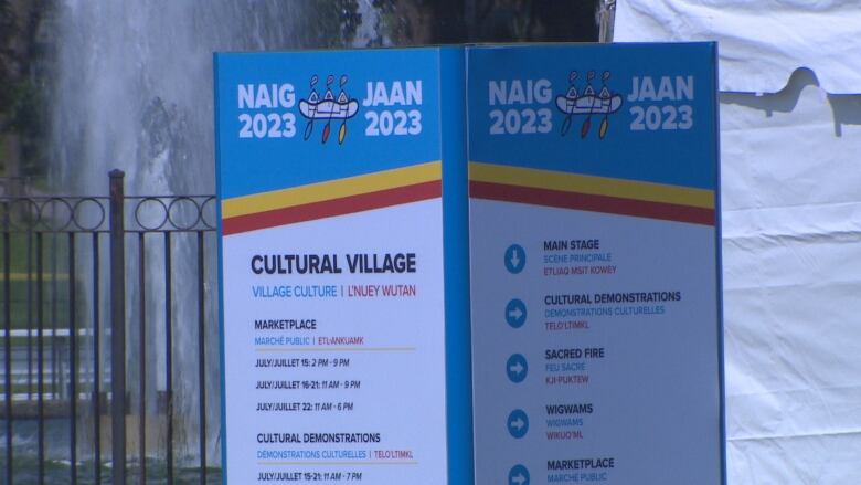 A board showing events at the NAIG 2023 cultural village