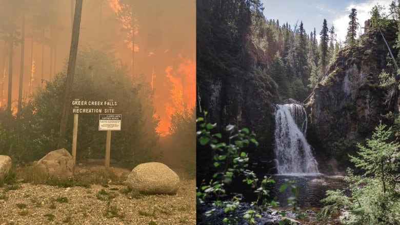 A composite image of a trailhead surrounded by flames and a waterfall.