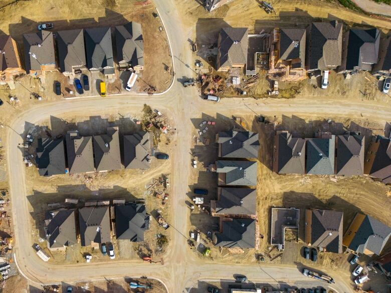 A bird's-eye view of houses under construction in Brampton, Ont.