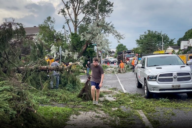 A man drags debris from a fallen tree along a sidewalk on Exeter Drive on July 13, 2023, after a tornado passed through the neighbourhood. 