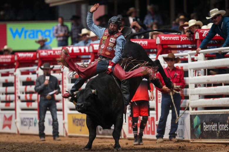 A man rides a bull during a rodeo event.