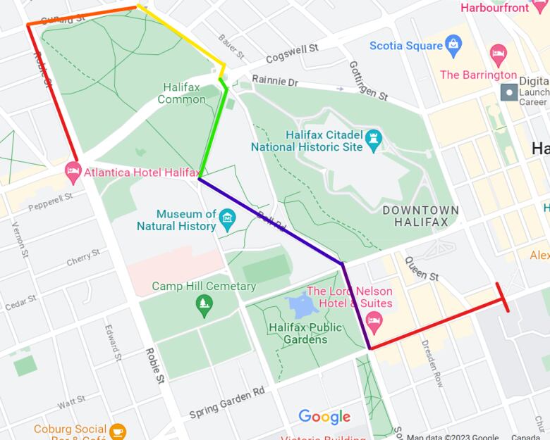 A map shows the route for this year's Halifax Pride Parade.