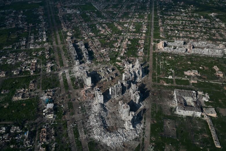 An aerial view of Bakhmut, the site of the heaviest battles with Russian troops in the Donetsk region, Ukraine, Thursday, June 22, 2023. Ukraine's June 10 recapture of the small village of Neskuchne in the eastern Donetsk region encapsulates the progress of its much-anticipated counteroffensive: small platoon-sized operations banking on the element of surprise and, when successful, notching incremental territorial gains.