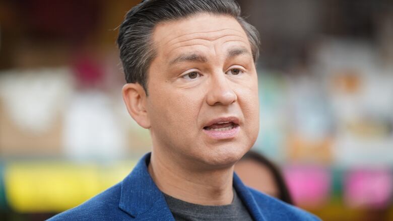 Conservative Leader Pierre Poilievre speaks during a news conference at a grocery store.