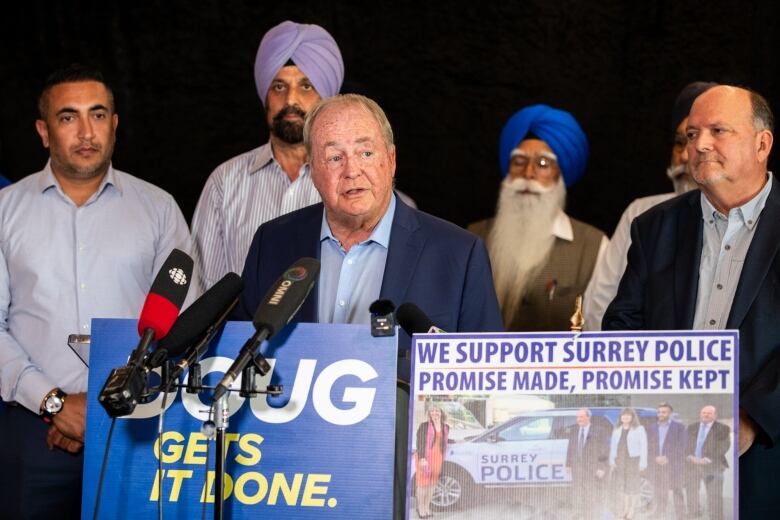 Former Surrey Mayor Doug McCallum holds a press conference after the province's announcement that they were ordering the city to stick with the Surrey Police Service, which was created under his watch.