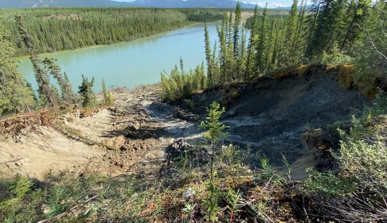 A view down a slump toward a river, with forest in the background.