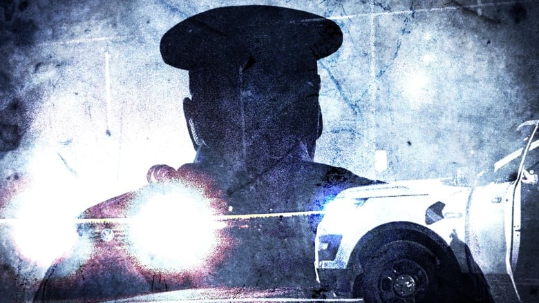 A graphic image of a police officer from behind next to a police car. 