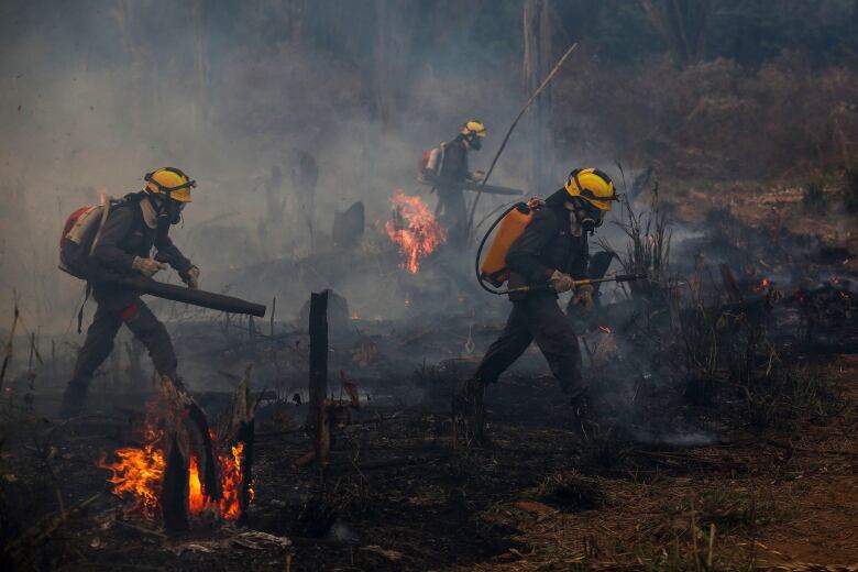 Three people with yellow helmets and dark green uniforms walk on charred grassland with fire.