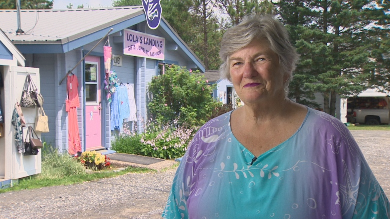 A woman is wearing a purple and blue dress. Behind her is a blue store called Lola's Landing. There are dresses and bags on display.