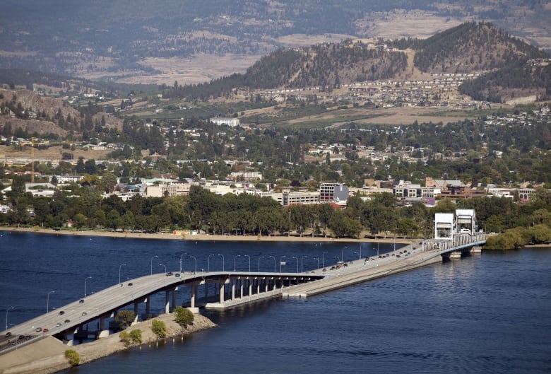 An aerial view of a bridge over a large body of water, with buildings and hills in the background.