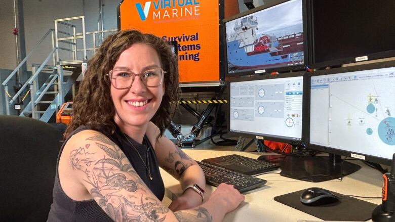 A woman with tattoos sits at a desk in front of three computer monitors.