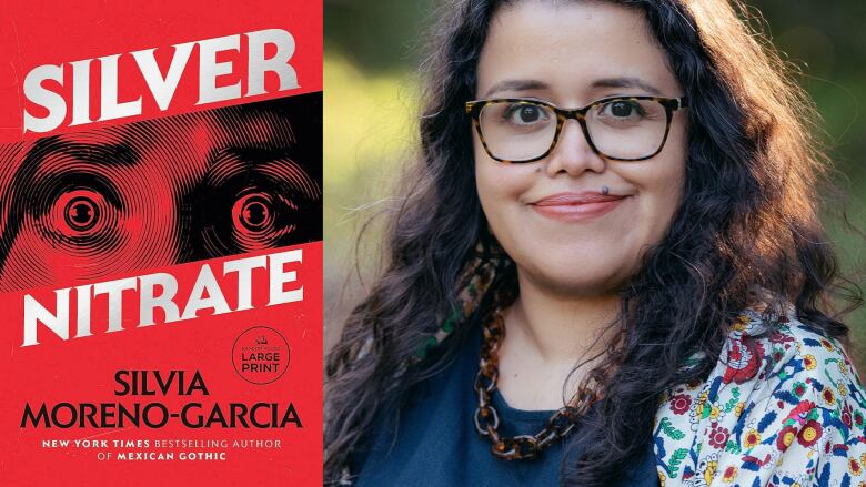 Silver Nitrate by Silvia Moreno-Garcia. The book cover shows wide eyes on a red background. Portrait of a Latina author. 