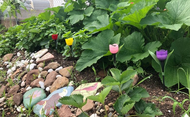 A vegetable bed with colourful garden decor and painted rocks.