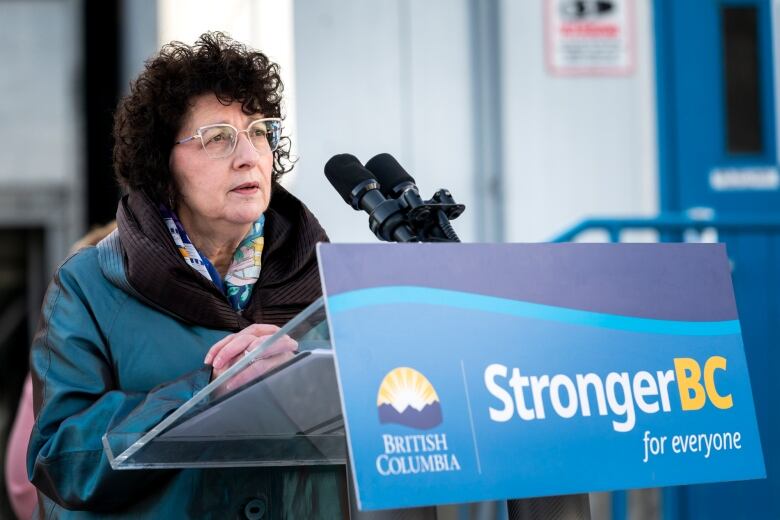 A woman with scarf and in jacket speaks behind a podium that reads 'Strong BC for everyone.'