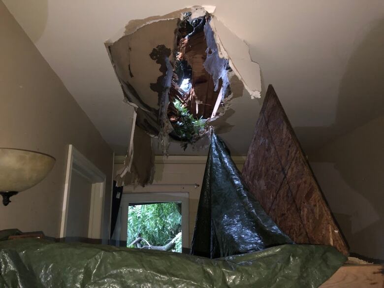 Damage from a tree, branches and limbs is shown inside Augustine Villas after a July 26, 2023 storm.