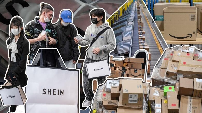 An illustration that combines images of shoppers holding Shein bags, and Amazon boxes in a factory. 