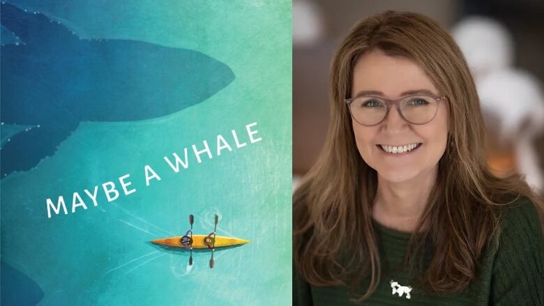 A composite image: on left, a book cover with 2 people in a kayak and the shadow of a whale beneath them, on right, a headshot of a middle-aged woman.