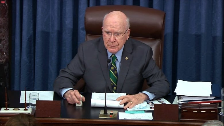 U.S. Senator Patrick Leahy is seen presiding over the second impeachment trial for former U.S. president Donald Trump.