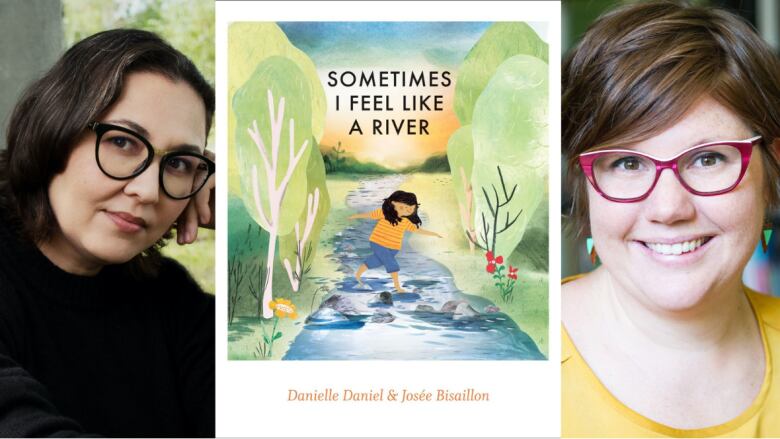 A composite image of the author, book cover and illustrator from left to right. On the left, a woman in short hair, glasses and a black shirt smiles into the camera. In the center, the book page shows a girl crossing a river on stones. On the right, a woman in pink glasses and a yellow shirt smiles into the camera. 