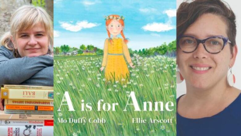 A composite image of the author, a book cover and the illustrator. On the left, a woman with blonde hair and a stack of books in front of her smiles into the camera. In the center, an illustrated book cover shows a white girl with red hair and yellow dress standing in a field of white flowers and grass. On the right, a woman with blue glasses and a blue shirt smiles into the camera.  