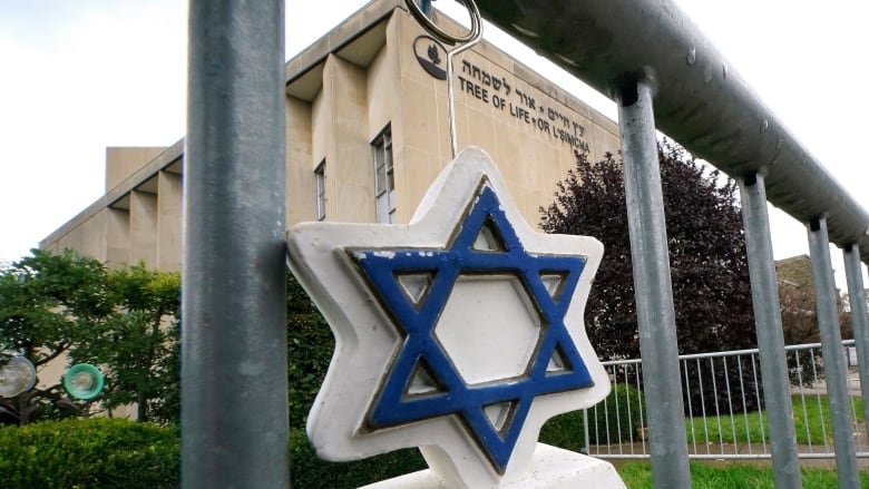 A Star of David symbol is shown on the fence outside a church building.