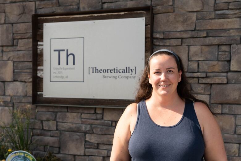 A woman stands in front of a white sign on a brick wall that reads Theoretically 