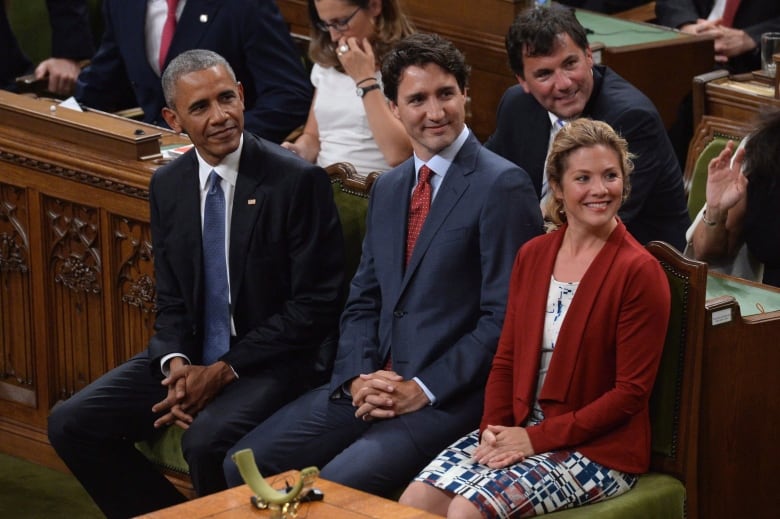 Obama, Trudeau and Grgoire Trudeau take their seats in the House of Commons before speaking to Parliament in Ottawa on Wednesday, June 29, 2016.