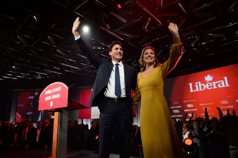 Prime Minister Justin Trudeau and Sophie Grgoire Trudeau celebrate an election victory at Liberal election headquarters in Montreal on Monday Oct. 21, 2019.