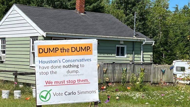 A lawn sign in front of a house.